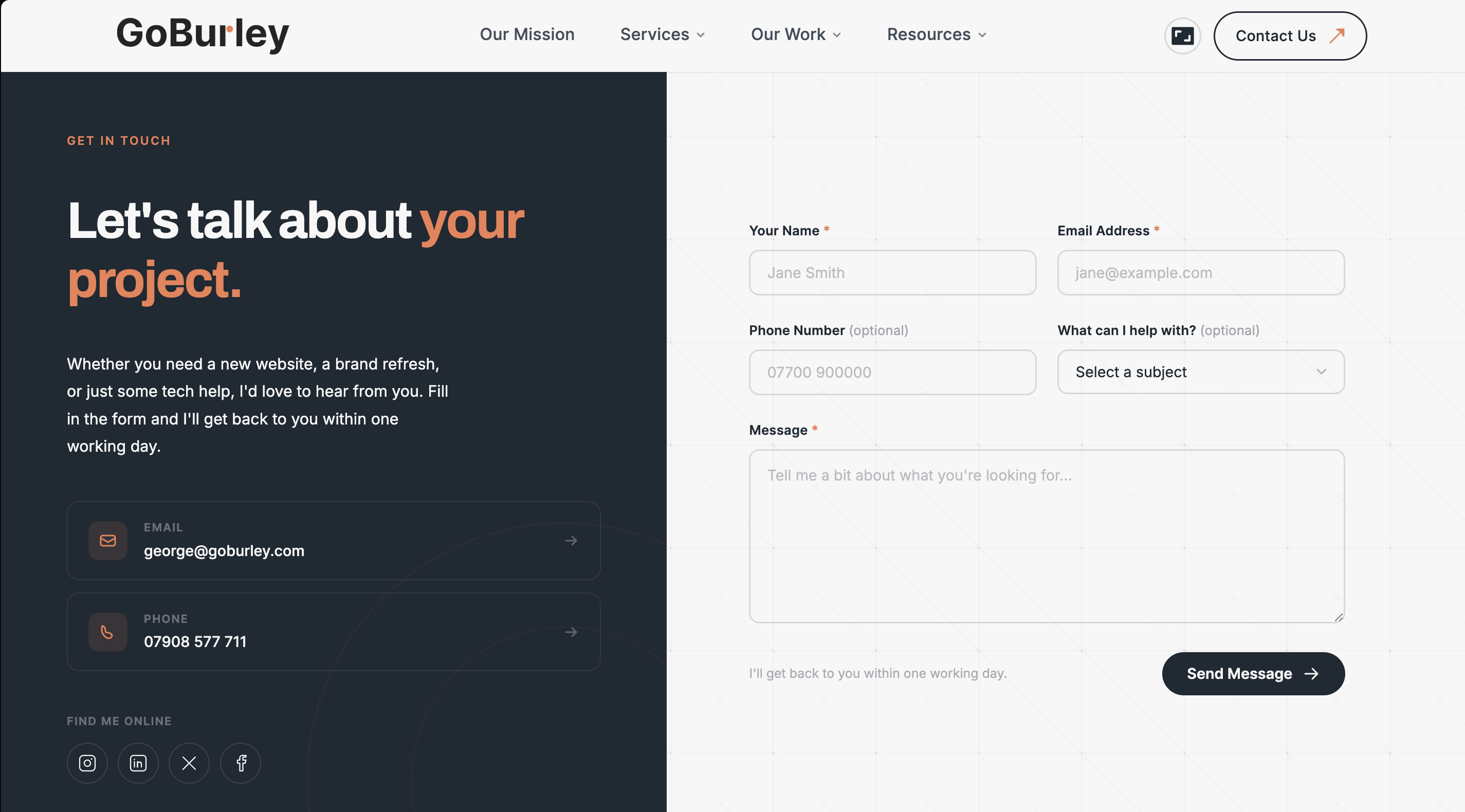 The GoBurley contact form, kept short on purpose