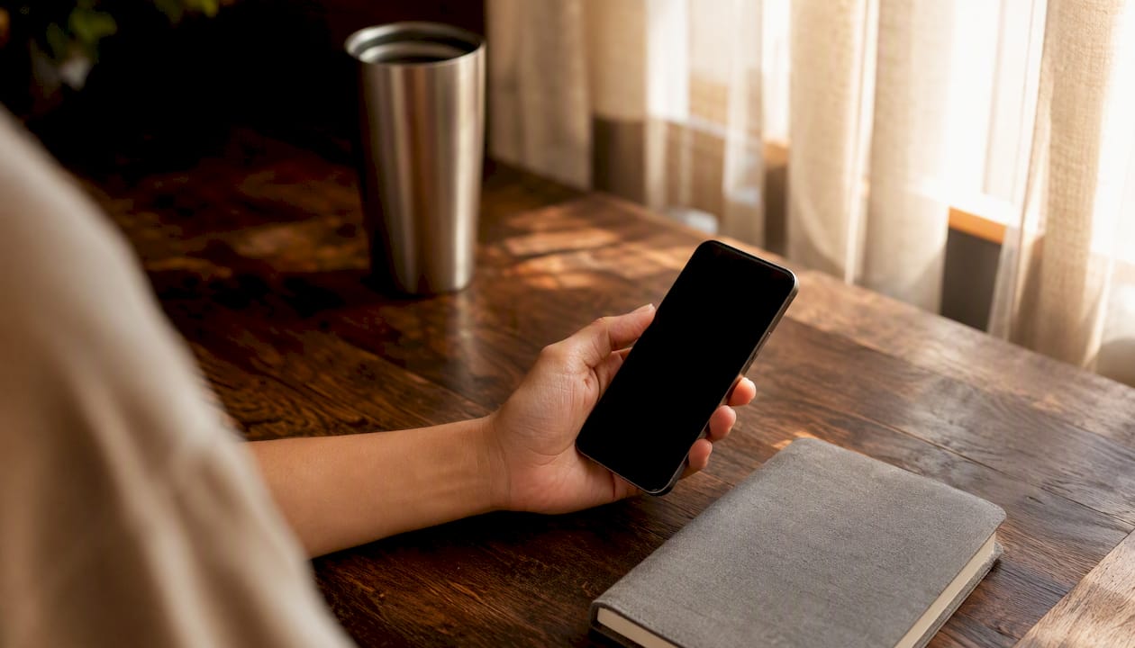 Someone checking a website on their phone at a kitchen table